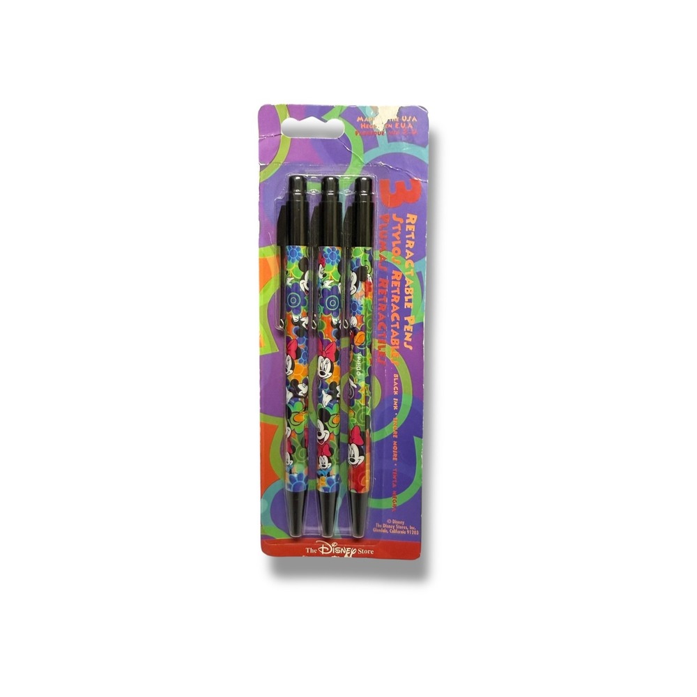 Vintage Disney‎ Store Mickey Minnie Mouse Retractable Pens 3 Pack Black Ink USA